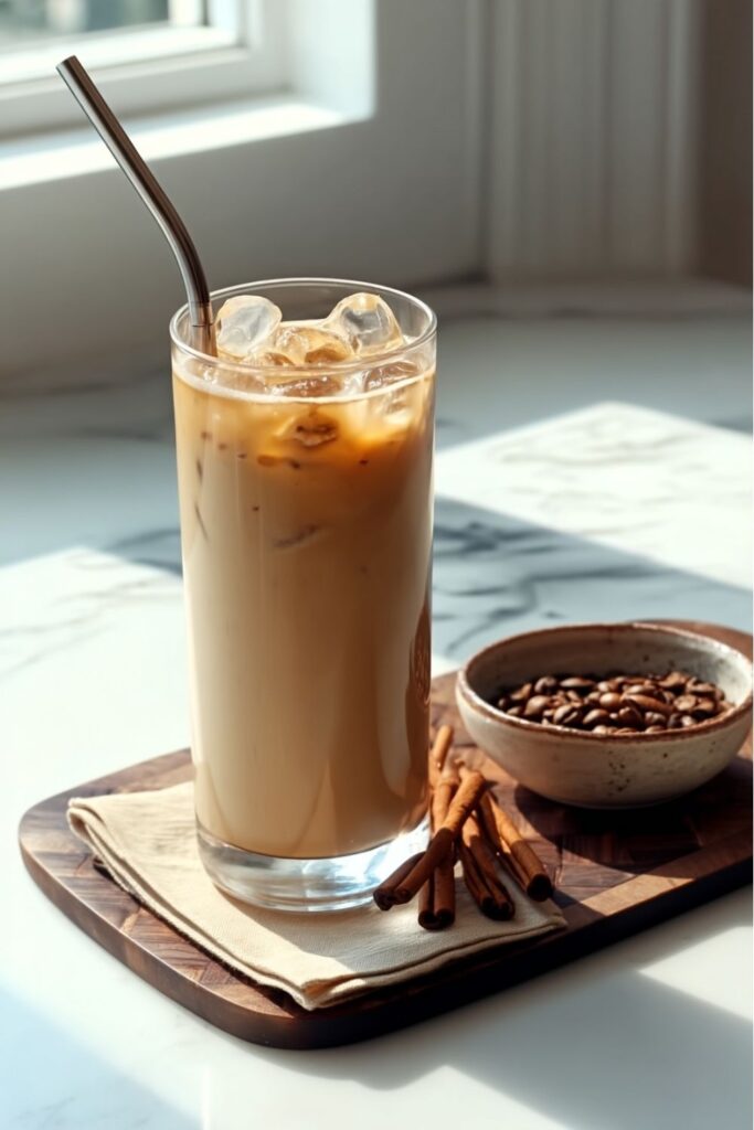 Tall glass of creamy coffee yogurt mixture with ice, cinnamon sticks, and coffee beans.