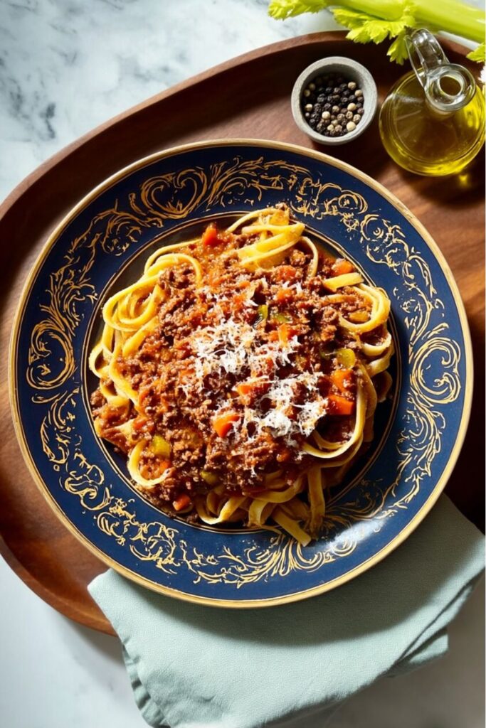 Savory beef bolognese over pasta with parmesan cheese, a great choice for Lunch For Father’s Day.