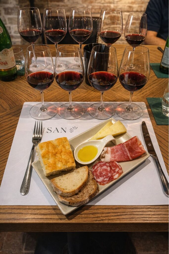 Wine tasting at Borgo San Felice Resort, a Vineyard Hotel in Tuscany, with red wine glasses and local bites