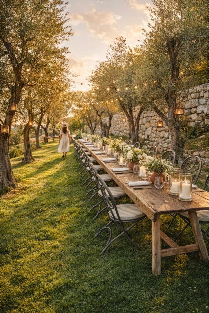Outdoor dinner table under olive trees at Borgo Vescine, one of the standout Vineyard Hotels in Tuscany