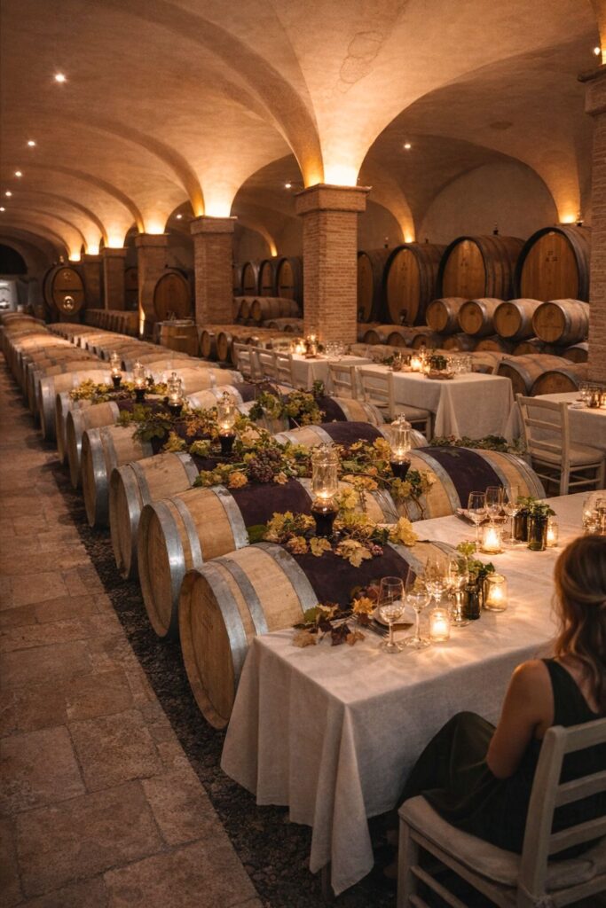 Wine-cellar dining room at Castiglion del Bosco, a standout among Vineyard Hotels in Tuscany