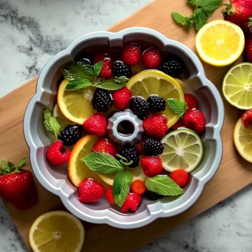 Ice ring with berries, citrus slices, and mint freezing in bundt pan for punch recipe.