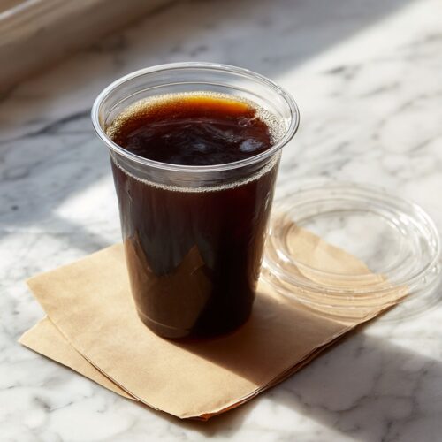 Clear plastic cup of pure brew coffee and coconut water on a marble countertop.