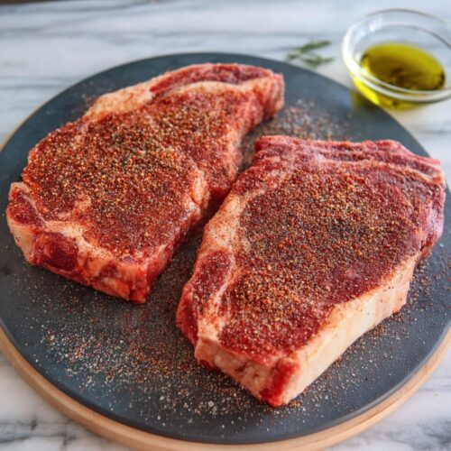 Two raw, seasoned NY strip steaks on a dark plate over a marble countertop.