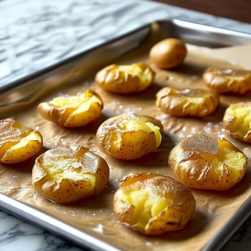 Smashed potatoes seasoned with salt on a parchment-lined baking sheet, ready for roasting.