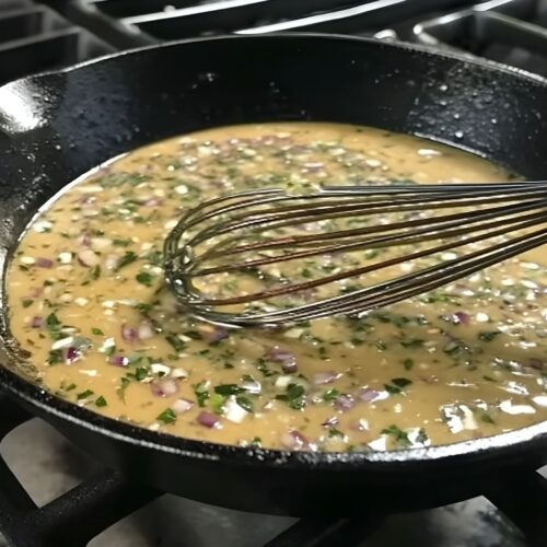 Whisk stirring herb-infused cowboy butter in a black cast iron skillet on a stovetop.