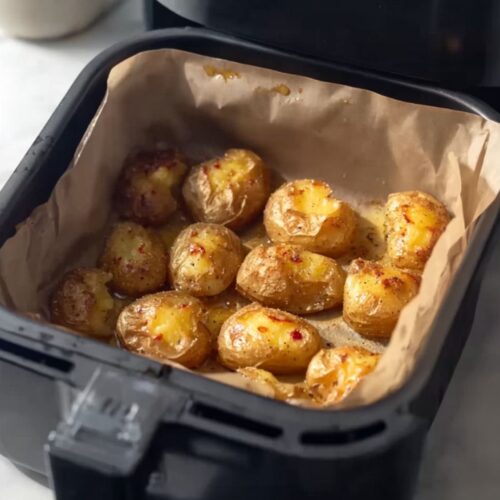 Golden, crispy smashed potatoes seasoned with herbs in a parchment-lined air fryer basket.