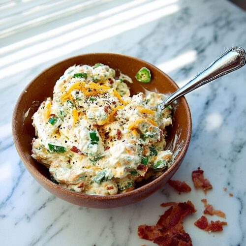 A ceramic bowl of creamy jalapeño popper filling rests on a white marble countertop.