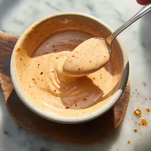 Creamy orange sauce being stirred with a spoon in a ceramic bowl on marble.