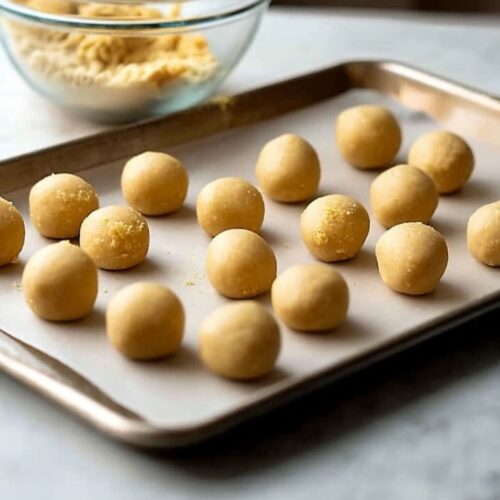 Cake pop balls arranged on parchment-lined baking sheet beside bowl of cake crumbs.