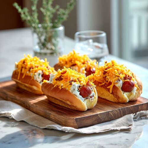 A close-up photograph of three gourmet hot dogs with cream cheese, bacon, and shredded cheddar.