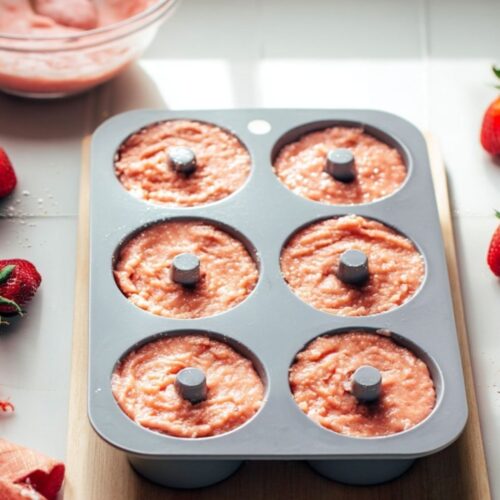 Strawberry donut batter in donut pan on wooden board with fresh strawberries and mixing bowl.