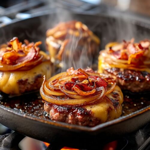 Four beef patties topped with melted cheese, onions, and bacon sizzling in a cast-iron skillet.