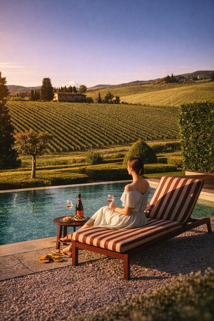 Poolside view over vineyard rows at Casa Ruffino - Wine Relais, a Vineyard Hotels in Tuscany stay