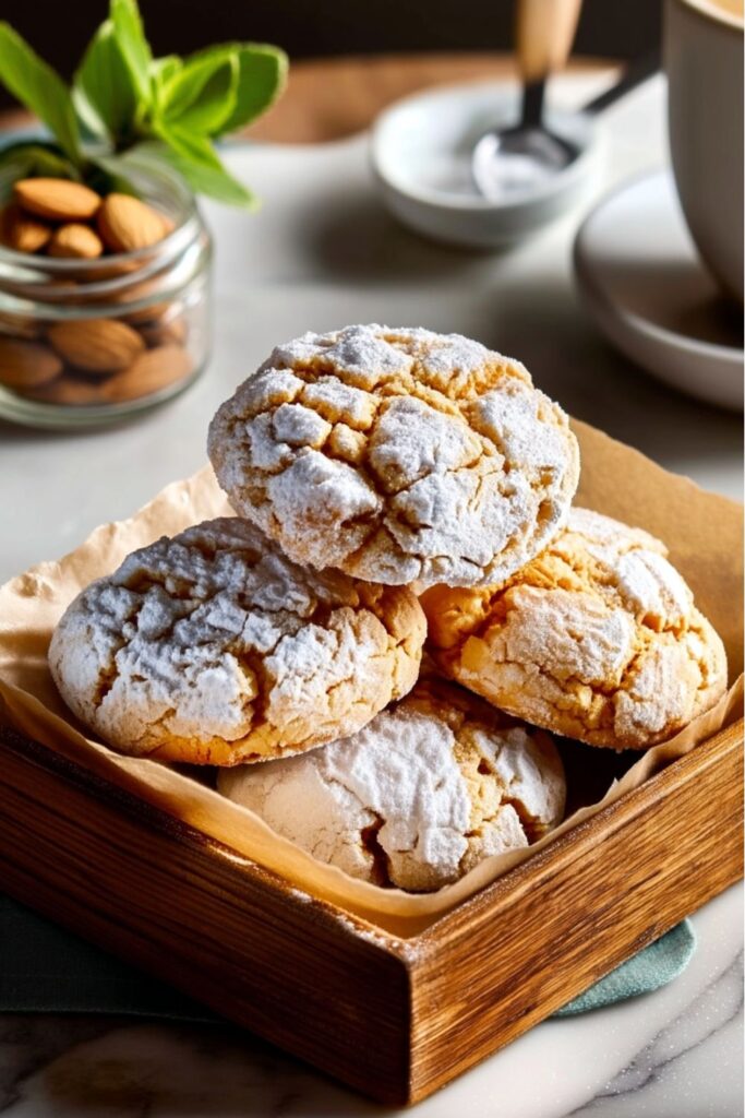 Crackled amaretto almond cookies coated in powdered sugar, a sweet choice for Food For Father's Day.