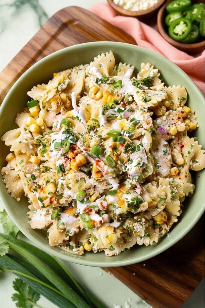 Mexican street corn pasta salad with jalapeño, cilantro, and cotija cheese, balanced cinco de mayo appetizers.