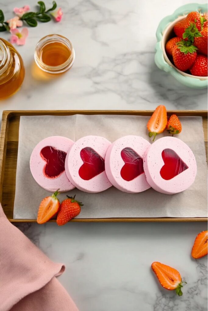Pink strawberry mousse slices with heart centers, inspired by a bento aesthetic cake.