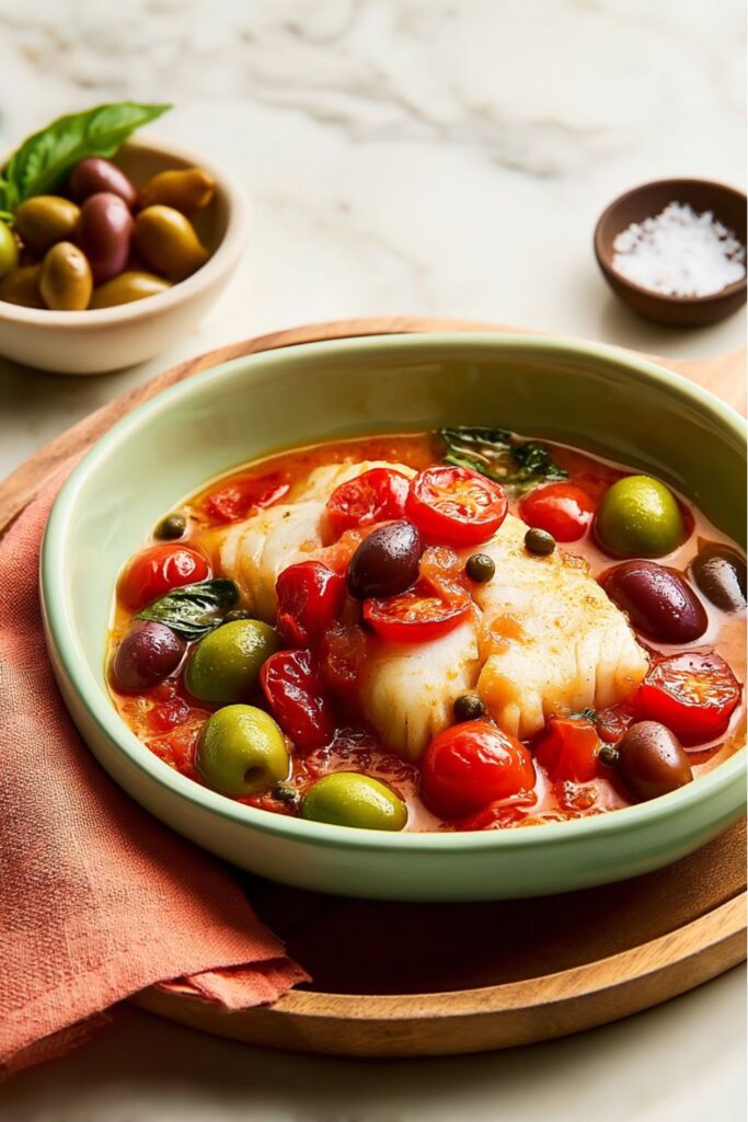 Cod fillet with tomatoes, olives, and capers in sauce, Best Italian Recipes.