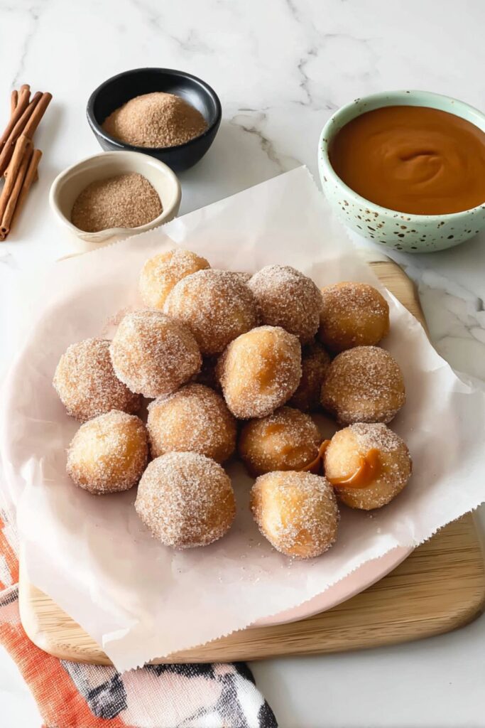 Cinnamon sugar churro bites with dulce de leche dip, better-for-you cinco de mayo food.