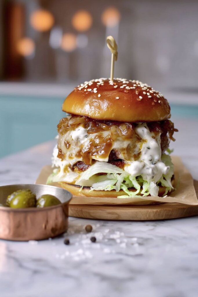 A juicy brisket burger with bacon-onion jam, a top choice for a Father’s Day menu.