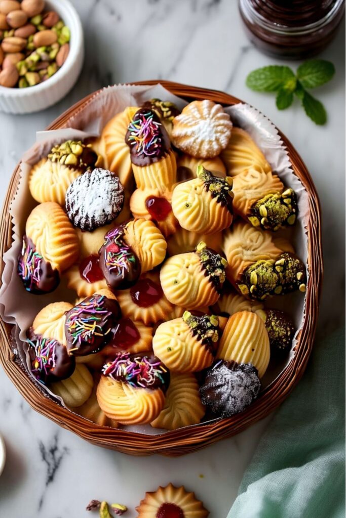 Elegant piped butter cookies with chocolate and cherries, a sweet Lunch For Father’s Day treat.
