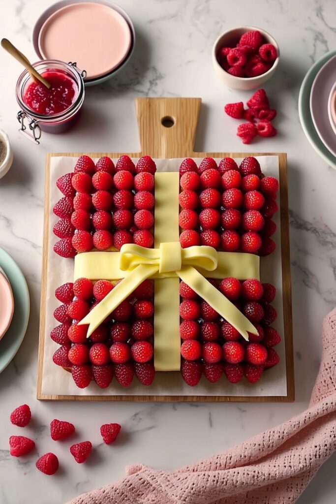 Raspberry square cake topped with bow and berries, one of charming Cake Ideas With Flowers.
