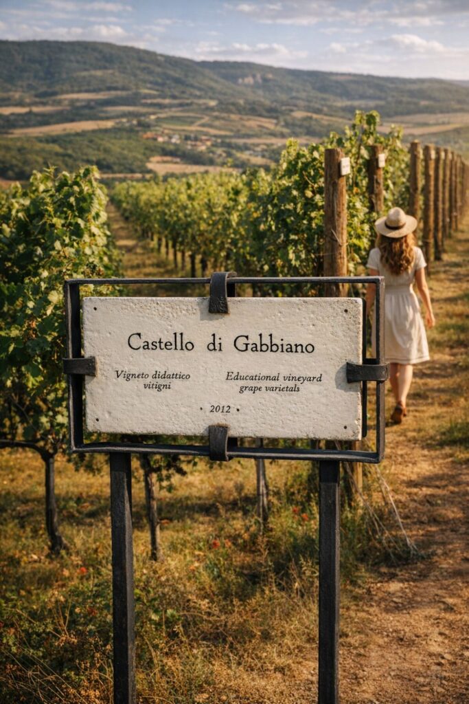 Castello Di Gabbiano sign along Vineyard Hotels in Tuscany vineyard path