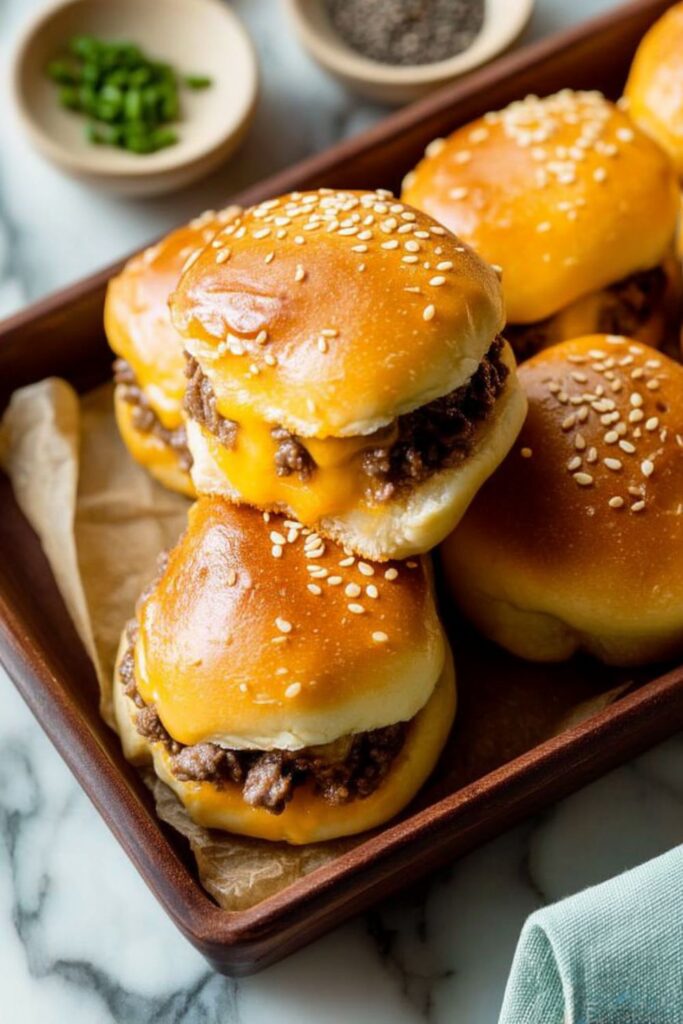Stacked cheesy beef sliders with sesame seeds, a top pick for Father’s Day BBQ Menu Ideas.