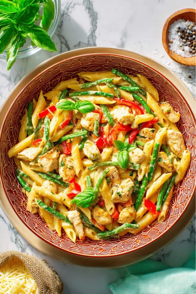 A colorful bowl of chicken penne pasta, a perfect choice for an Easy Father’s Day Dinner.