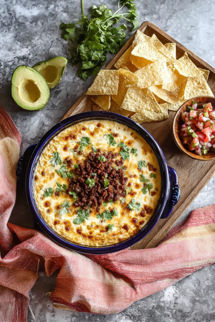 Baked chorizo queso with chips, a perfect Mexican party food.