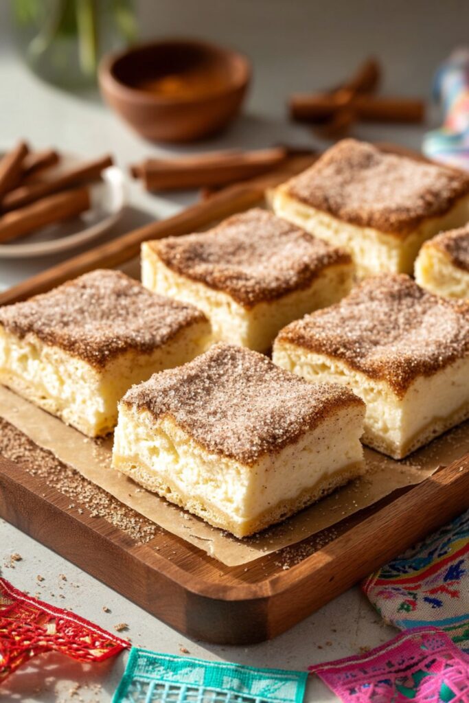 Cinnamon churro cheesecake bars for Cinco De Mayo Party Desserts on wooden tray.