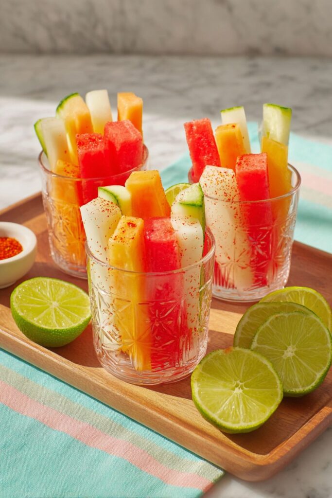 Fresh fruit cups with chili lime for Cinco De Mayo Sweet Treats.