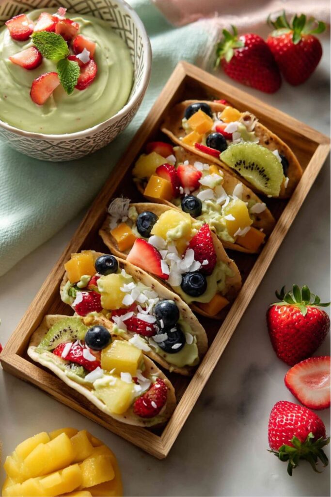 Fruit dessert tacos for Cinco De Mayo Handheld Desserts with avocado yogurt.