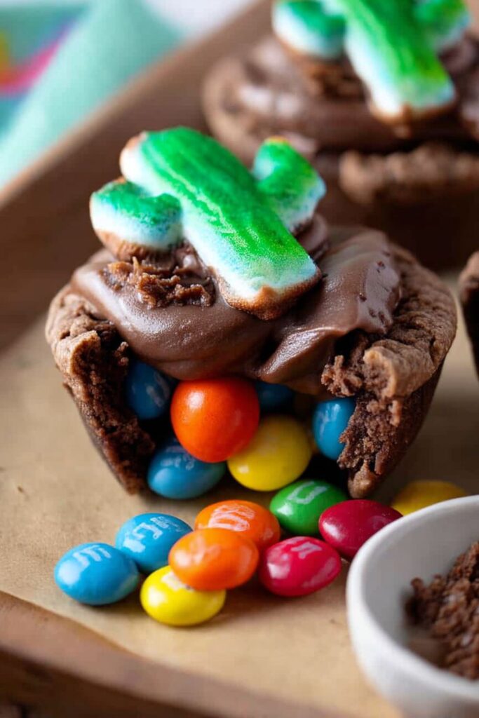Chocolate cookie cups with candy for Cinco De Mayo Kids Desserts on tray.