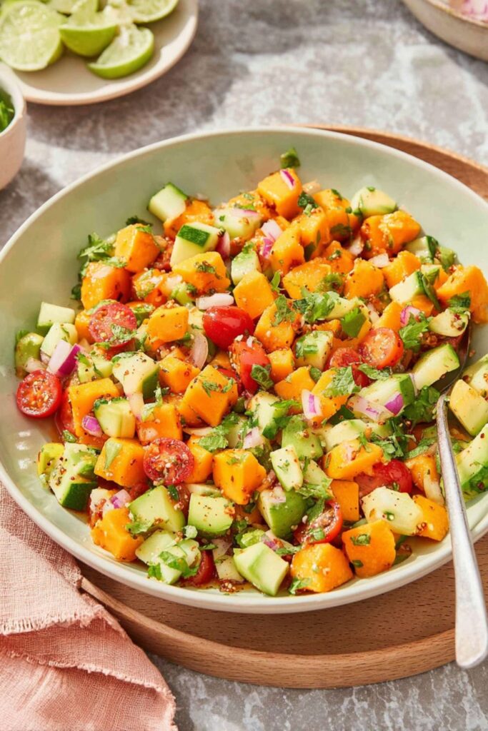 Mango avocado salsa with cucumber, tomatoes, cilantro, and lime, clean-eating cinco de mayo recipes.