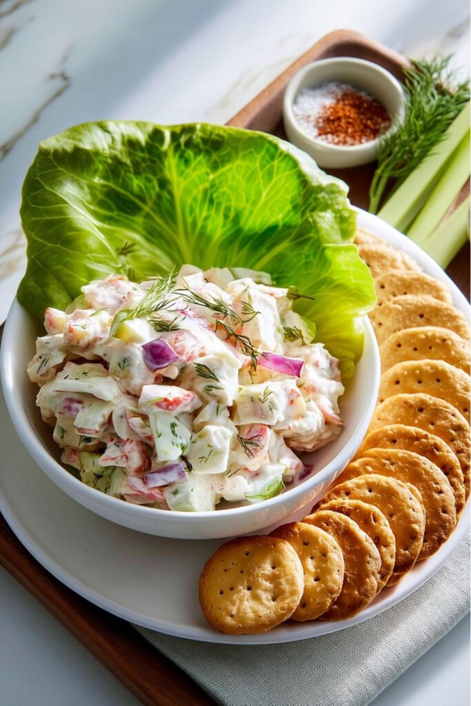 Creamy imitation crab salad with crackers, a refreshing addition to a Father's Day Brunch.