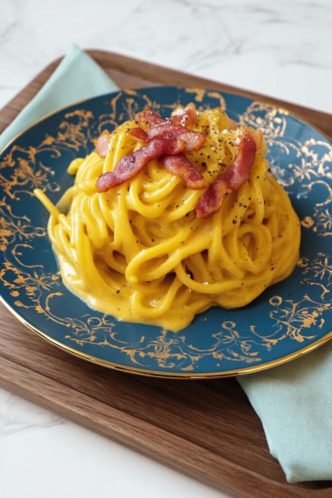 A plate of creamy spaghetti carbonara topped with crispy bacon for a Father’s Day dinner.