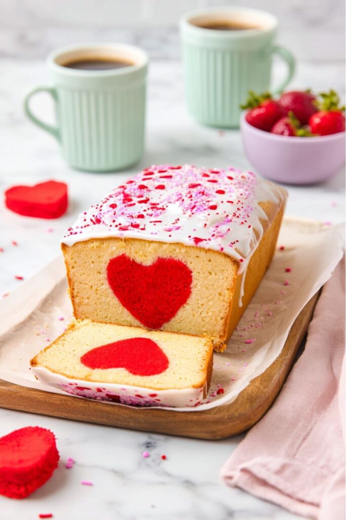 Vanilla loaf cake with hidden red heart slices, a Cute Birthday Cake For Mom.
