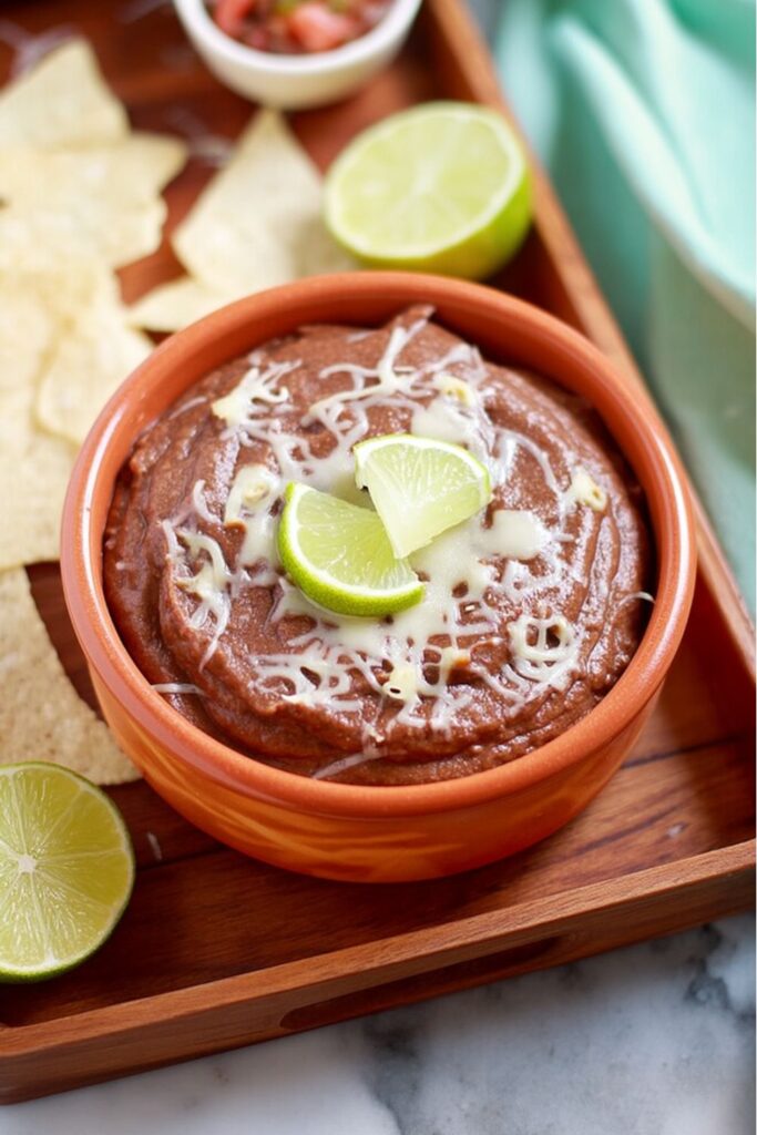 Creamy black bean dip with lime and cheese, perfect easy party dips.