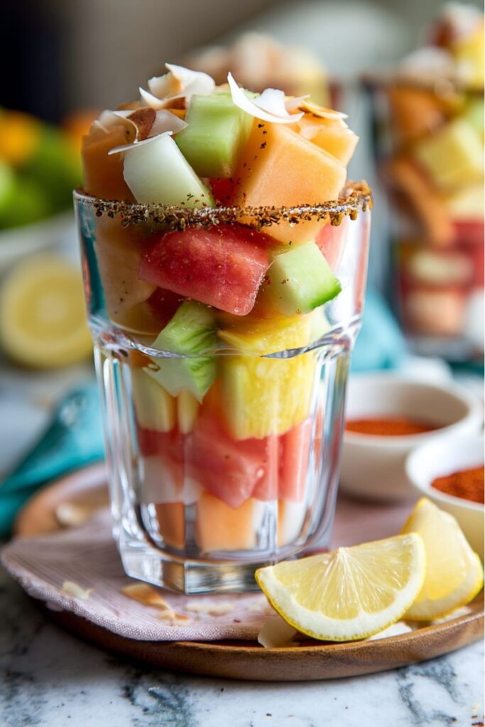 Colorful fruit cup with watermelon, mango, pineapple, and chili seasoning, feel-good cinco de mayo snacks.