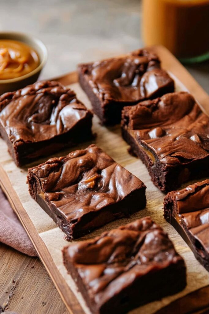 Dulce de leche brownies for Fiesta Dessert Table on wooden board.