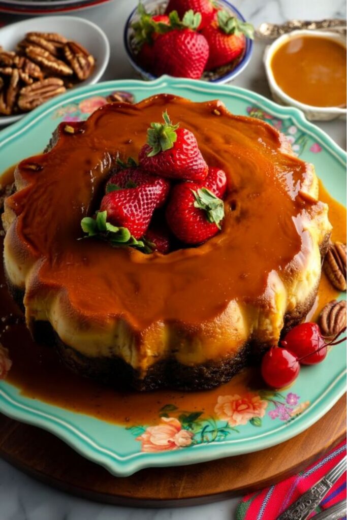 Chocoflan cake with caramel topping for Fiesta Dessert Table centerpiece.