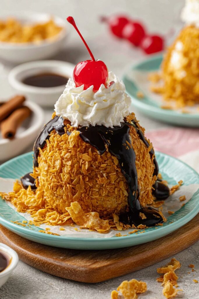Fried ice cream dessert for Fiesta Dessert Table with chocolate drizzle and cherry.