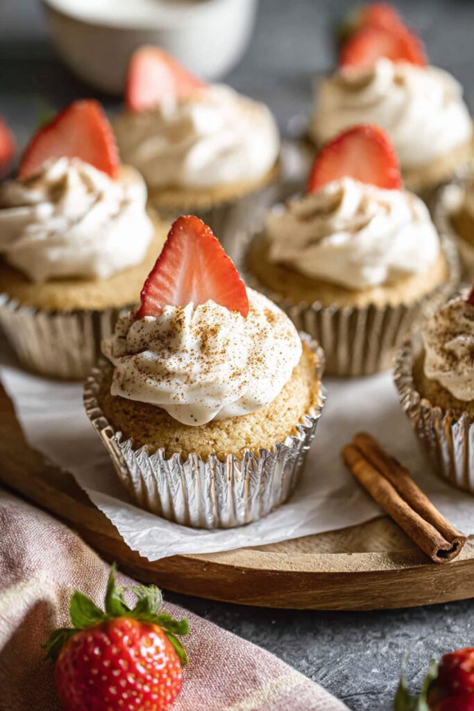 Tres leches cupcakes with whipped cream for Fiesta Party Desserts on wooden tray.