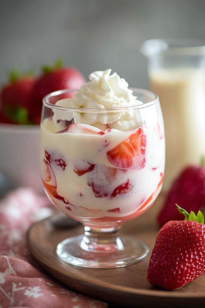Strawberries and cream dessert for Fiesta Party Desserts in glass cup.