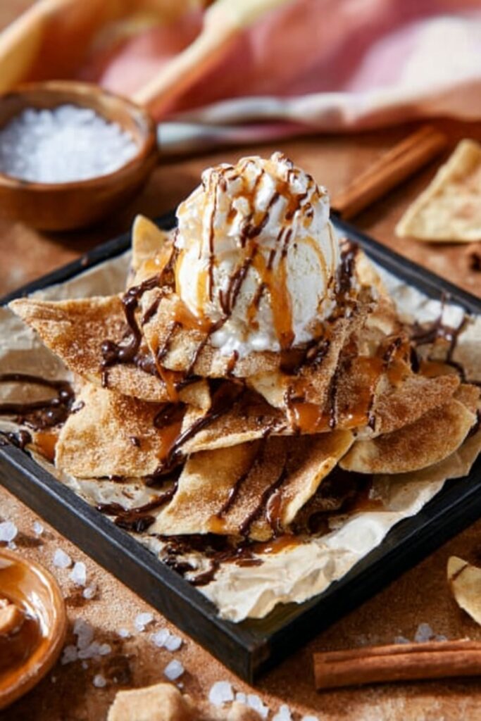 Dessert nachos with ice cream for Fiesta Party Desserts on serving platter.