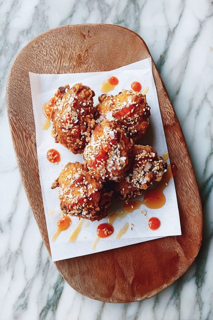 Crispy chicken tenders served with honey and hot sauce for Father’s Day Brunch.
