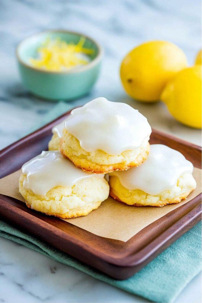 Three soft lemon cookies with white glaze, a great choice for Father's Day Snacks.
