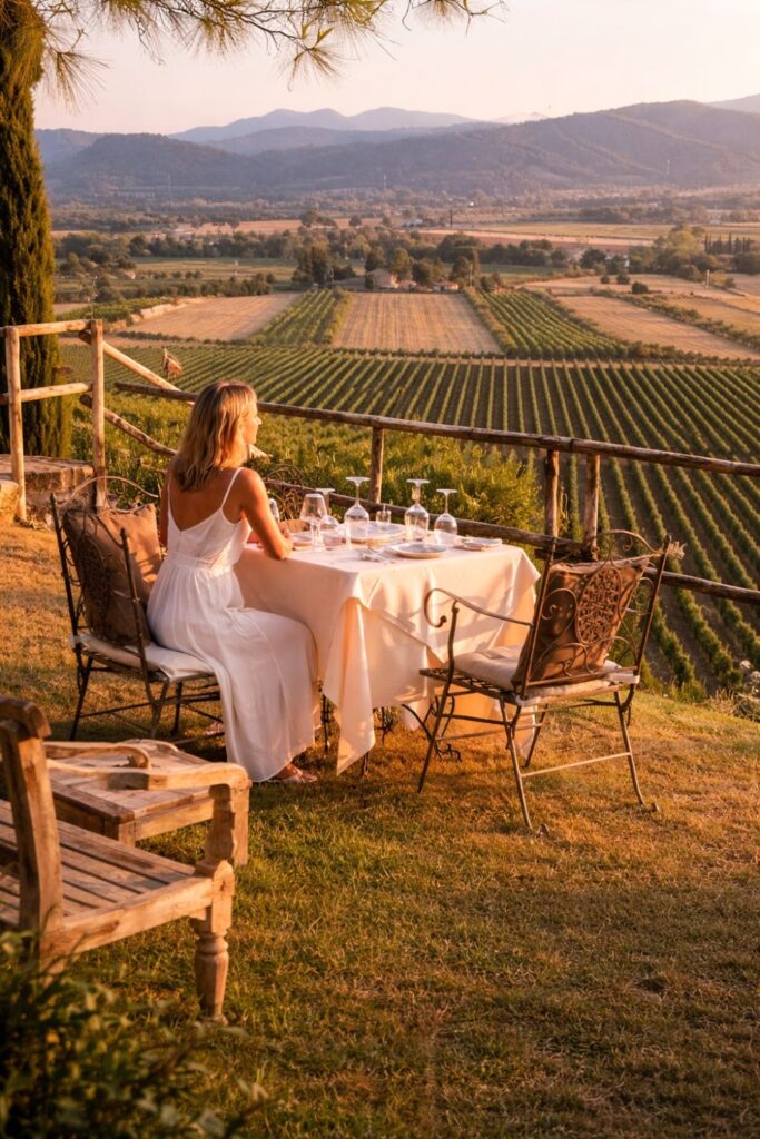 Terrace dining above Vineyard Hotels in Tuscany with sweeping valley views at sunset