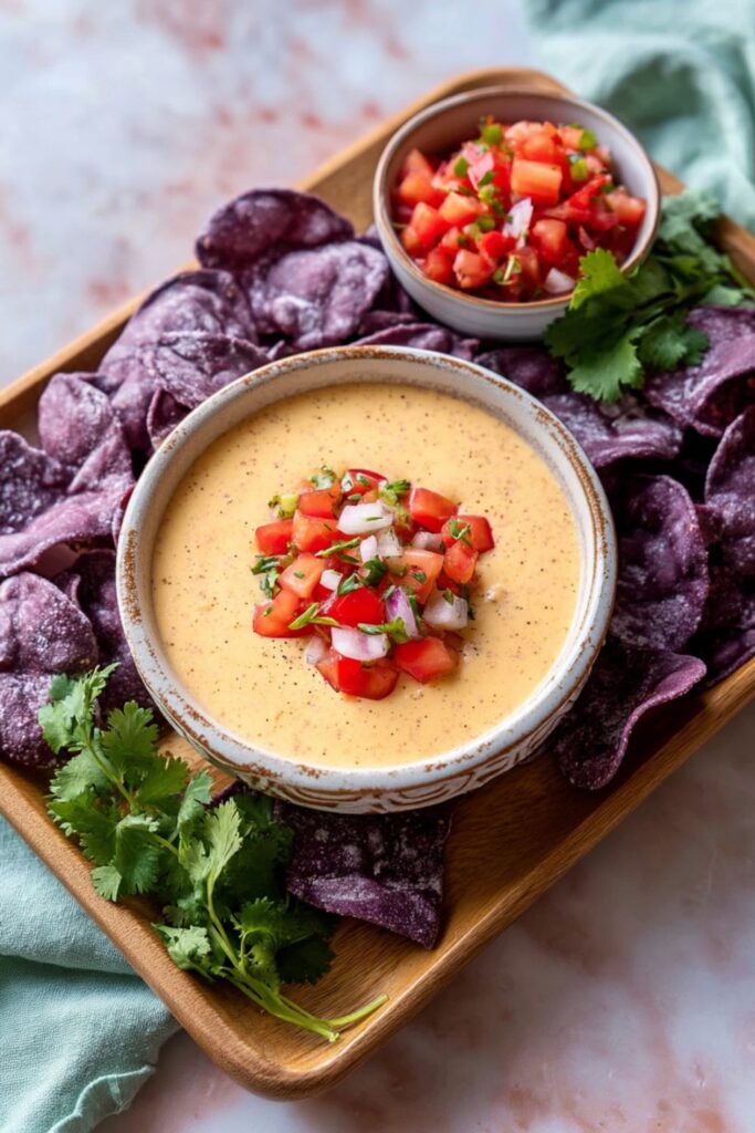Cheesy cottage queso dip with chips, a tasty hot dip recipes option.